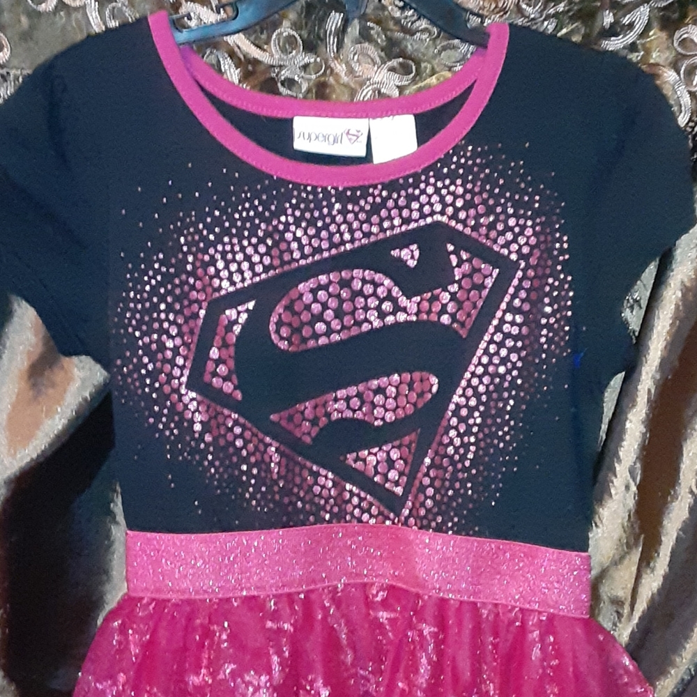 SUPERGIRL black & pink glittery dress sz7 - Picture 2 of 8